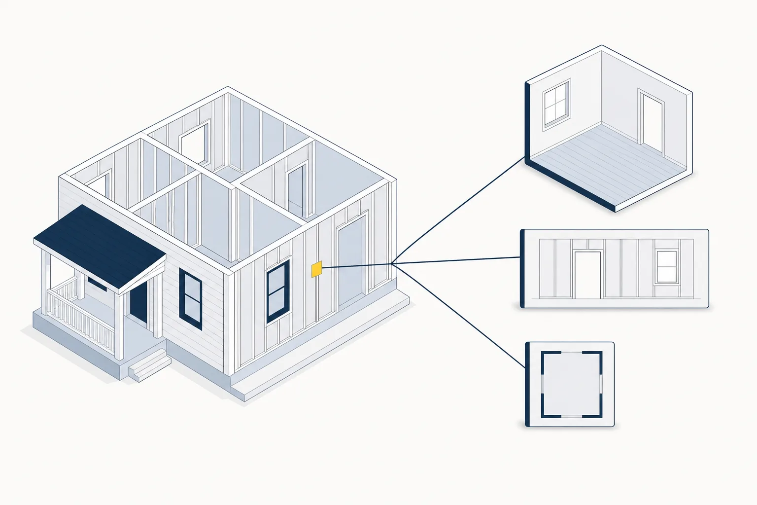 A cutaway house frame with a code tile on a door frame routing out to three different views