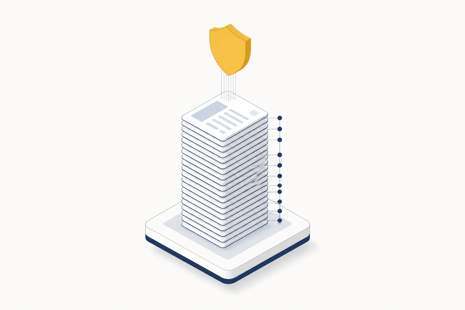 A stack of document records rising to a single shield, with a ledger of connected points alongside