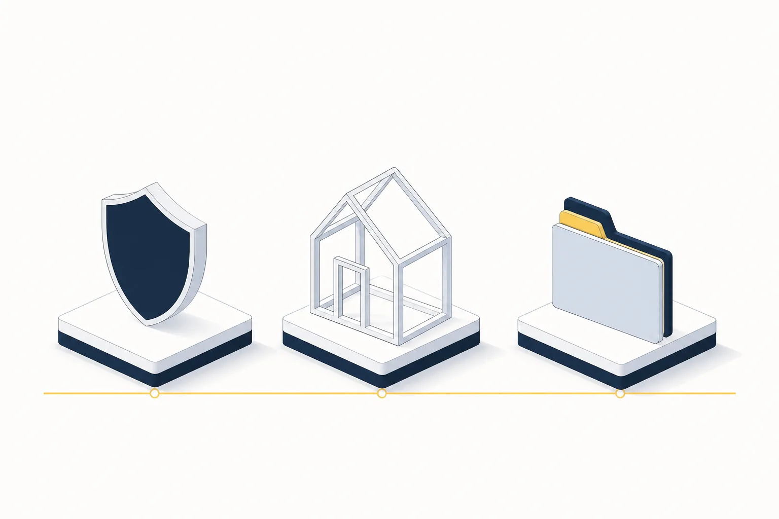A shield, a house frame and a folder on three platforms sharing one continuous base line