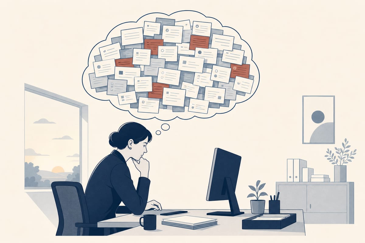 A woman at a desk looking at a monitor, a thought cloud above her crowded with cards.
