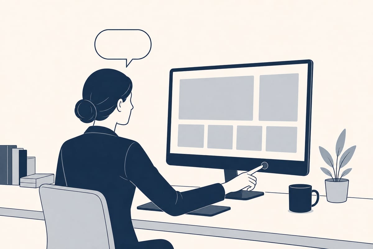 The same woman pressing a single button on her monitor, an empty speech bubble above her.